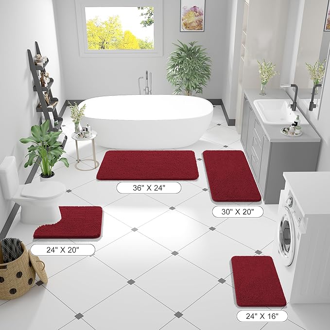 OLANLY Bathroom Rugs 47x17, Extra Soft Absorbent Chenille Bath Rugs, Rubber Backing Quick Dry, Machine Washable Bath Mats for Bathroom Floor, Tub and Shower, Home Decor Accessories, Red