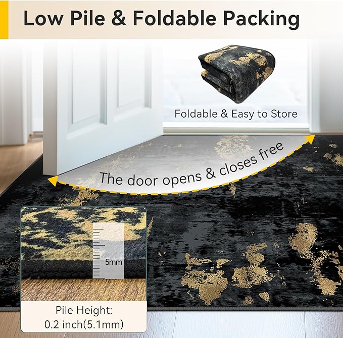 Washable Area Rugs 4'x6' Non-Slip Modern Abstract Soft for Living Room Entryway Bedroom Nursery, Print Pattern, Dark Black Gold