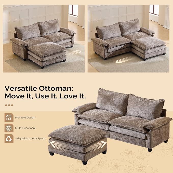 VINGLI Convertible Sectional Loveseat Sofa with Deep Seat &Movable 2-Layer Ottoman, Oversized L-shape Cloud Sofa with Chaise & Armrests, 2-Seat Sofa for Small Spaces & Apartment, Chenille, Light-Brown