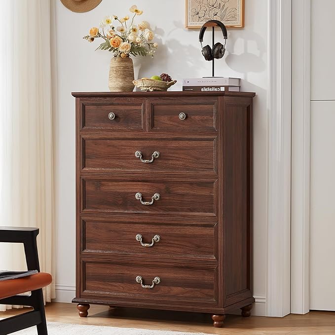 Farmhouse 6 Drawer Dresser Set of 2 for Bedroom, 42" Tall Rustic Chests of Drawers w/ 4 Solid Wood Feet, Mid Century Vintage Wooden Closet Storage Dressers Organizer for Living Room,Brown
