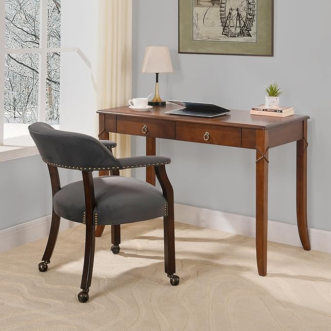 Large Computer Desk Office Table with 2 Drawers, 46" Solid Wood Study Writing Desk Workstation with Storage Space, Mid-Century Vanity Dressing Table for Office, Easy Assembly Caramel Brown BSZ-DR200
