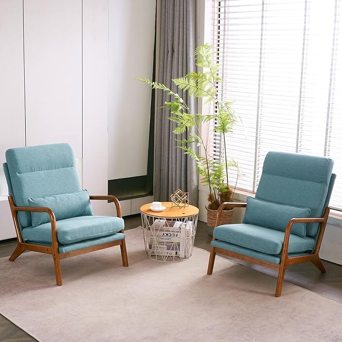 Karl home Accent Chair Mid-Century Modern Chair with Pillow High Back Linen Fabric Upholstered Lounge Arm Chair with Solid Wood Frame & Soft Cushion for Living Room, Bedroom, Balcony, Teal