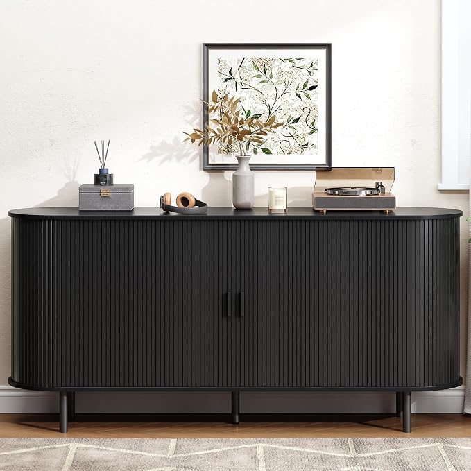 Buffet Cabinet with Storage, Fluted Sideboard Buffet with Sliding Door, Coffee Bar Cabinet with Adjustable Shelf, Console Table, Accent Table for Entryway, Kitchen (Black, 63 Inch)