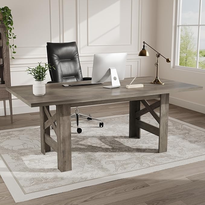 GarveeHome Dining Table for 6-8, 71" Long Wooden Farmhouse Barn Kitchen Table with Thick Sturdy Frame, Rectangular Dining Room Dinner Table with Stable Triangular Legs for Kitchen, Office, Retro Gray