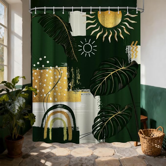 Extra Long Shower Curtain Extra Tall Green and Gold XL Abstract Tropical Leaf Shower Curtains for Large Bathroom Decor Sets, Waterproof Cloth Fabric with Hooks, 108x72 Inch