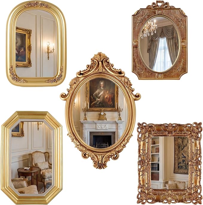 Wonderjune 5 Pcs Vintage Gold Mirror Set for Wall Decorative Resin Frame Ornate Antique Hanging and Tabletop Mirror for Home Dresser Gallery Decor Photography Props Gift (Baroque Style)