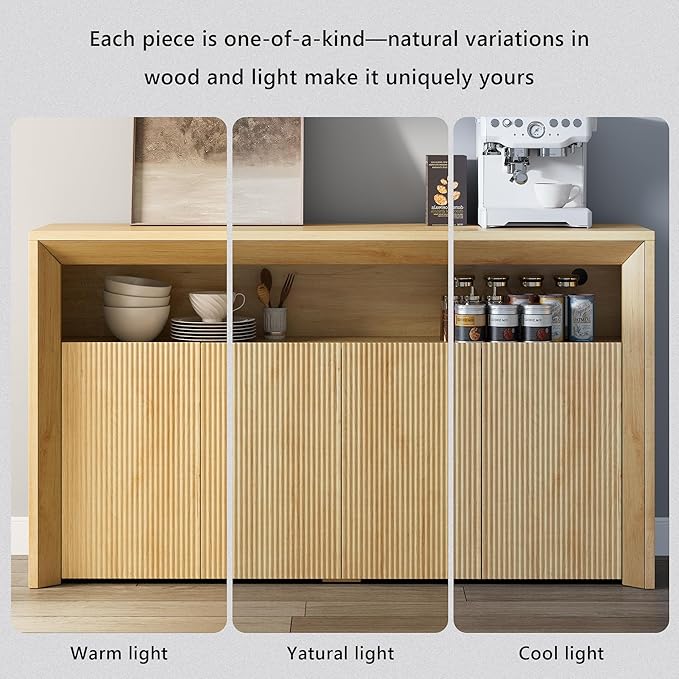 66.2" Buffet Cabinet with Storage and led Lights,Modern Sideboard Cabinet with 4 Doors & Shelves,Fluted Media Console Mid Century Coffee Bar Table for Living Room Kitchen Dining Room,Oak