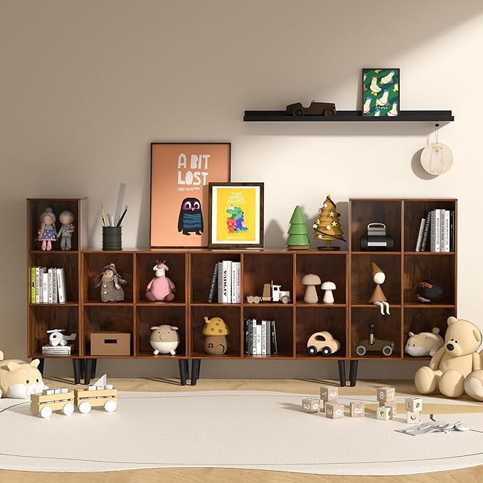 3 Cube Storage Organizer with Legs, 3 Tier Cube Low Bookcase Freestanding Storage Display Organizer for Home Office, Three-Cubes Open Shelf Short Bookshelf (Retro Brown, 3 Cube)