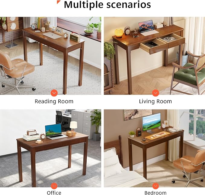 Solid Wood Desk with Drawers - 39" Narrow Desks for Small Spaces, Mid Century Modern Desks, Small Wooden Vintage Computer Writing Desk, Study Table for Home Office Bedroom, Walnut