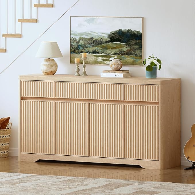 Fluted Buffet Cabinet with Storage, Modern Sideboard Credenza with 3 Drawers, 4 Doors & Adjustable Shelves, Wood Kitchen Storage Coffee Bar Cabinet for Dining Room, Living Room, Natural Oak