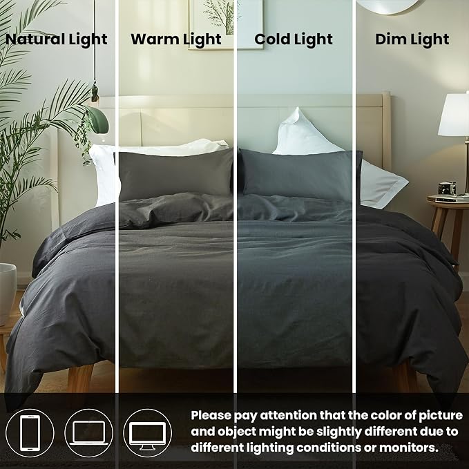 FALUCA French Linen Blend Duvet Cover Set 3Pcs Queen (88"x92") - Soft, Breathable, Cooling Farmhouse Bedding for Summer Hot Sleeper (Queen, Dark Grey)