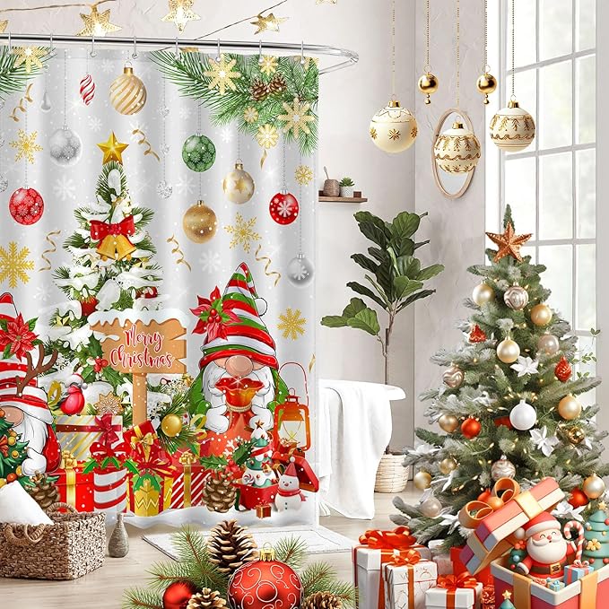 Boho Shower Curtains for Bathroom Mid Century Minimalist Abstract Aesthetic Modern Bathroom Decor Curtain Machine Washable Waterproof Fabric with 12 Hooks (Christmas Gnome White, 72"W x 72"L)
