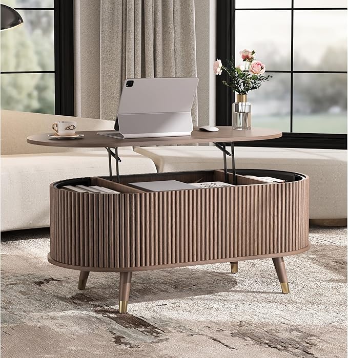 42.5" Oval Lift Top Coffee Table with Storage, Mid Century Modern Walnut Center Table with Fluted Panel, Solid Wood Legs & Hidden Compartment for Living Room