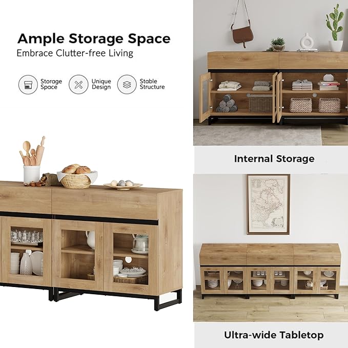 WAMPAT 3 in 1 Multifunctional Sideboard Buffet Cabinets with 6 Glass Doors, Modern Sideboard Credenza, Coffee Bar Storage Cabinet for Living Room, Kitchen, Oak