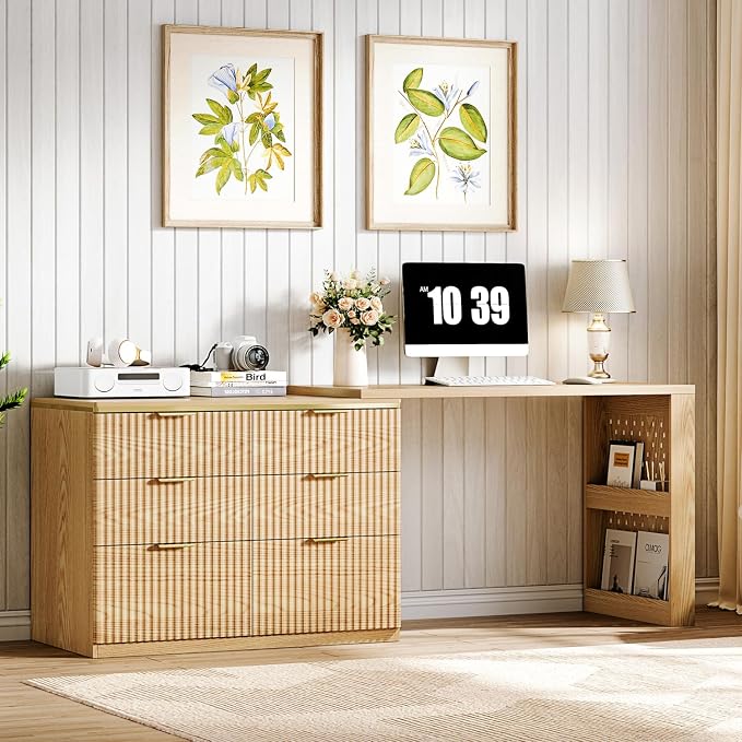 Ieejdn L Shaped Expandable Desk,47" Home Office Desks, Executive, Farmhouse Computer Desk with 6 Drawers File Drawer, Rustic Computer Writing, Oak