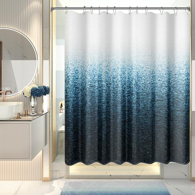 AmazerBath Shower Curtain Blue, Washable Cloth Ombre Shower Curtain Sets with 12 Metal Shower Curtain Hooks, Rustic Waterproof Dark Sea Blue Farmhouse Shower Curtains for Bathroom Decor, 72x72 Inches