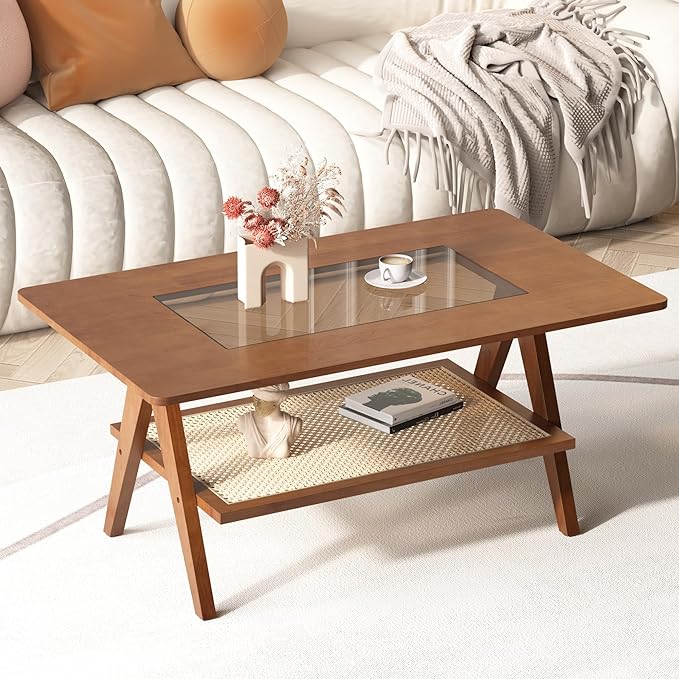 Mid Century Modern Coffee Table with Glass Top and Rattan Storage Shelf, Rectangular Walnut Wooden Coffee Table, Unique Center Tables for Living Room Apartment Home, 39.4 Inch