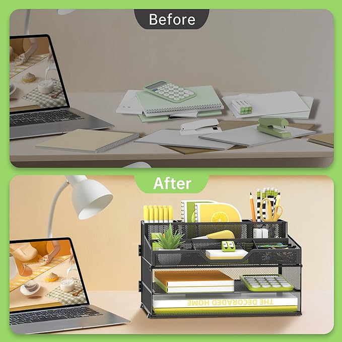SUPEASY 3 Tier Desk Organizer, Mesh Letter Tray Paper Organizer with 5 Adjustable Storage Compartments & Pen Holder, Metal Desk Accessories for Home Office School, Black