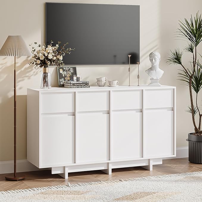 CHUWELL 55" Sideboard Buffet Cabinet with 4 Sliding Doors and 4 Drawers,Minimalist Linear Design & Handleless Design,Side Board with Adjustable Shelf for Living Room,White