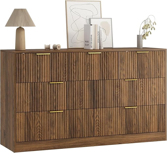 7 Drawers Dresser for Bedroom,55" Wide Fluted Dresser with Deep Drawers, Modern Chest of Drawers, Mid Century Wood TV Stand Storage Organizer for Closet, Living Room, Hallway, Natural
