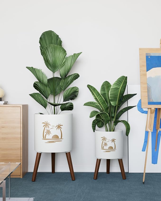 2 Set Plant Pot with Stand 10 & 12 inches – Large Indoor Pots for Plants with Solid Oak Wood Stand & Drainage, Palm,White & Gold