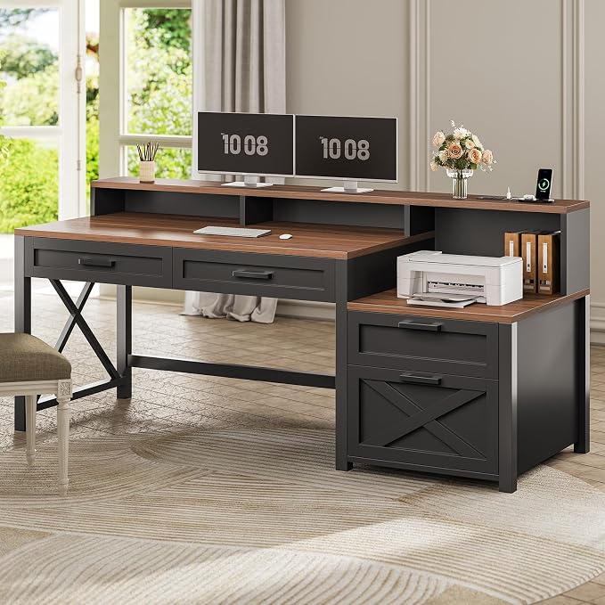 SEDETA Farmhouse Home Office Desk with File Drawer & Power Outlet, Computer Desk with 4 Drawer, Storage Shelves, Printer Cabinet and Monitor Shelf, Gaming Desk with Led Lights, Black Brown