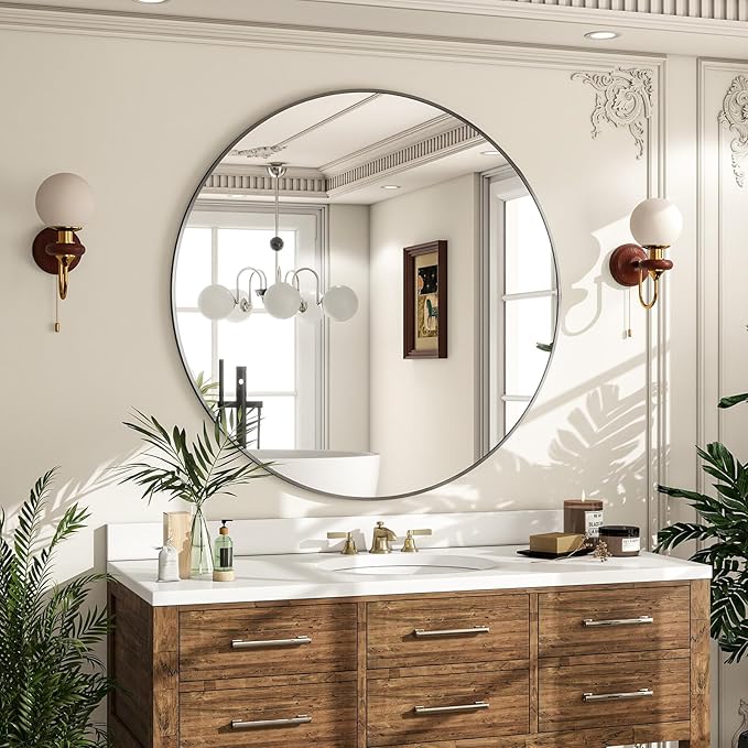 Round Mirror Wall Mounted Mirror - 30" Circle Mirror Bathroom Vanity Mirror with Aluminum Frame for Bedroom Living Room, Entryway Decor Black Mirror