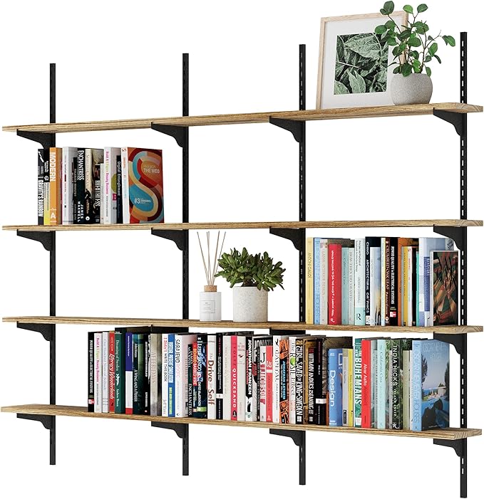 Wallniture Turin 60 Inch Floating Shelf, Adjustable Wall Shelves, Wood Shelving, Wooden Floating Shelves, Wall Mounted Bookshelf, Storage for Living Room, Kitchen, Office, 4 Tier, Burnt Finish