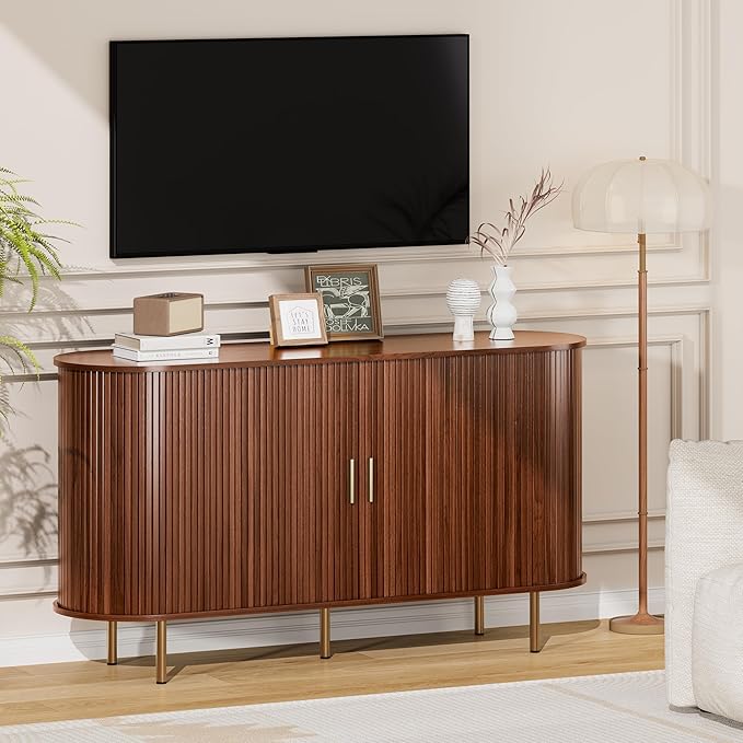 DHH Sideboard Buffet Cabinet with Storage,Mid Century Modern Fluted Accent Coffee Bar Console Table,Tambour Sliding Doors& Adjustable Shelf for Kitchen, Living Room, Entryway(Walnut,55 Inch)