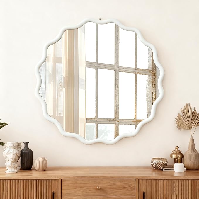 30 Inch Wooden Wavy Round Wall Mirror, Modern Solid Wood Frame Circle Decorative Accent Mirror for Bedroom, Bathroom, Living Room, Entryway, White