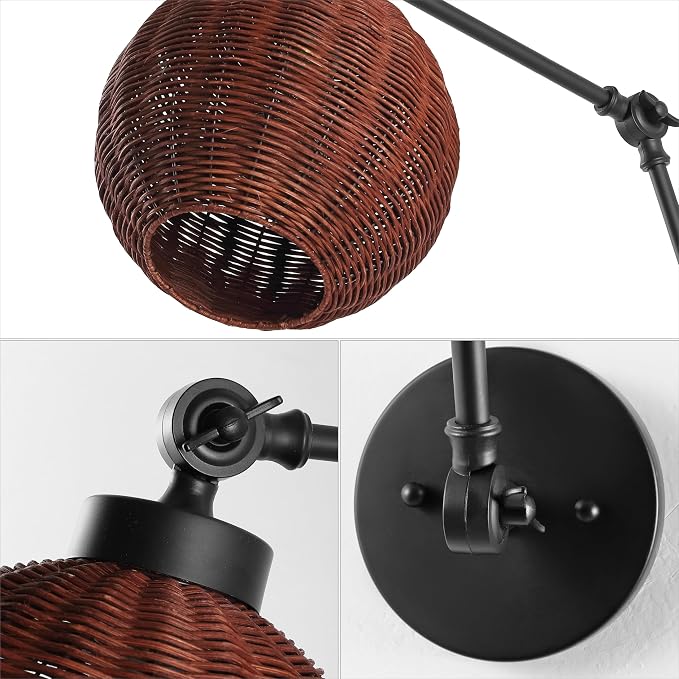 JONATHAN Y 22" Black/Dark Brown 1-Light Rattan and Iron Swing Arm LED Sconce, Mid-Century Vintage Bohemian Globe Wall Lamp, Adjustable Reading Light, LED Bulb Included JYL1604A