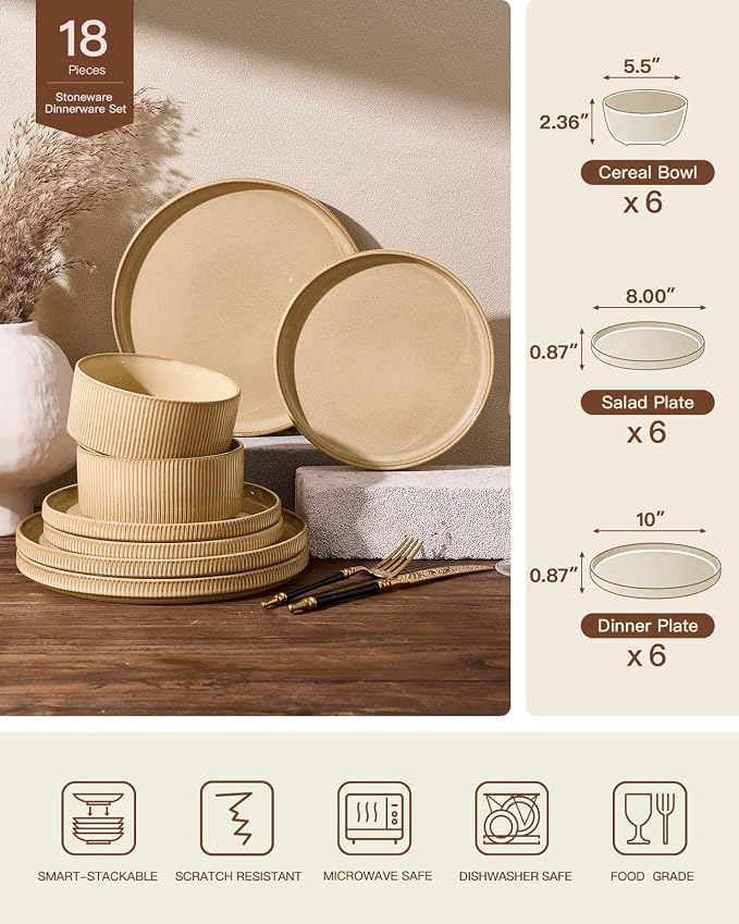 Stoneware Plates and Bowls Dishes Sets Service for 6 (18-Piece), Famiware Premium Handcrafted Reactive Glaze Dinnerware Set with Raised Rim, Scratch Resistant, Microwave Dishwasher Safe, Cream