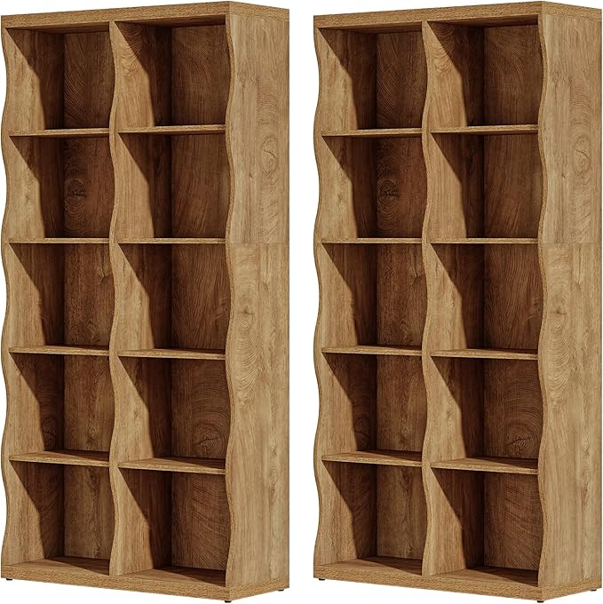 Tribesigns 70.86" Wooden 10 Cubes Bookcase Set of 2, 5-Tier Tall Bookshelf with Unique Curved-Edge Design, Rustic Display Storage Organizer with Open Shelves for Living Room, Home Office, Bedroom (2)