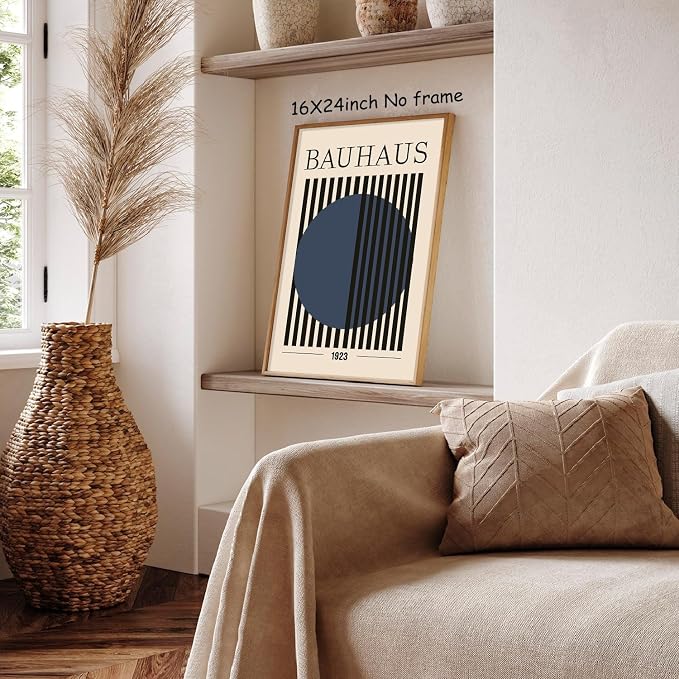 Bauhaus Abstract Geometric Wall Art Bauhaus Exhibition Poster Blue Geometric Pictures Abstract Minimalist Painting Mid-Century Modern Artwork Retro Minimalist Poster Blue Beige Prints 16x24in No Frame