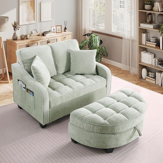 Oversized Chaise Lounge Chair Indoor with Ottoman, Chenille Tufted Comfy Loveseat Sofa Chair with Adjustable Backrest, Fluffy Recliner Sofa, Convertible Sleeper Couch Bed for Living Room(51"W, Beige)