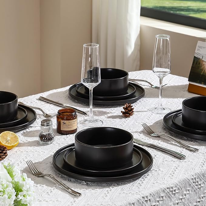 GZG Classic Series - Plates and Bowls Set for 4, 12 Piece Stoneware Dinnerware Sets, Microwave and Dishwasher Safe Lead-Free Handcrafted Ceramic Dishes Set - Matte Black