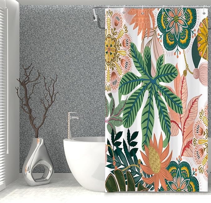 Boho Floral Bathroom Shower Curtain - Tropical Green Leaves, Pink Flowers - Waterproof Polyester Fabric - Mid Century Modern Decorative, 36x72 Inch