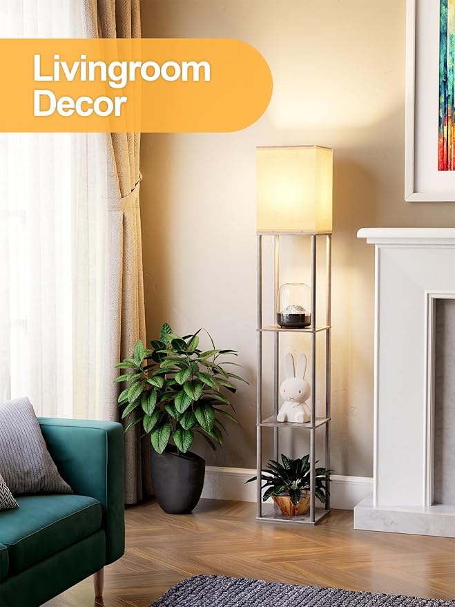 Floor Lamp with Shelves for Living Room 2 Pack Oak Gray, Shelf Floor Lamp with 3 CCT LED Bulb, Corner Display Standing Column Lamp Etagere Organizer Tower Nightstand with White Linen Shade for Bedroom