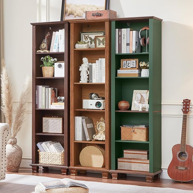 SAVOR LIFE Narrow Green Book Shelf, 70" Tall Skinny Bookshelf with Adjustable Shelves & Wooden Legs, Farmhouse Wood Bookcase w/5-Tier Open Storage, Free Standing Book Case for Office,Living Room,3PCS