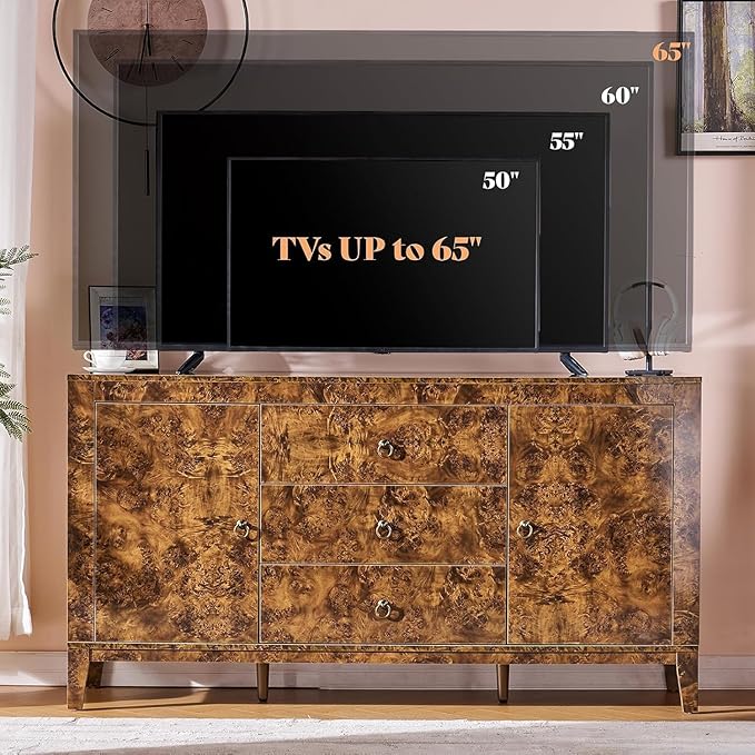 AMERLIFE 60" Large High Gloss Burl Buffet Sideboard Cabinet, Wood Sideboard Storage Cabinet with Drawers, Retro Handles, Heavy Duty Coffee Wine Bar Buffet Table for Dining Room, Living Room, Brown