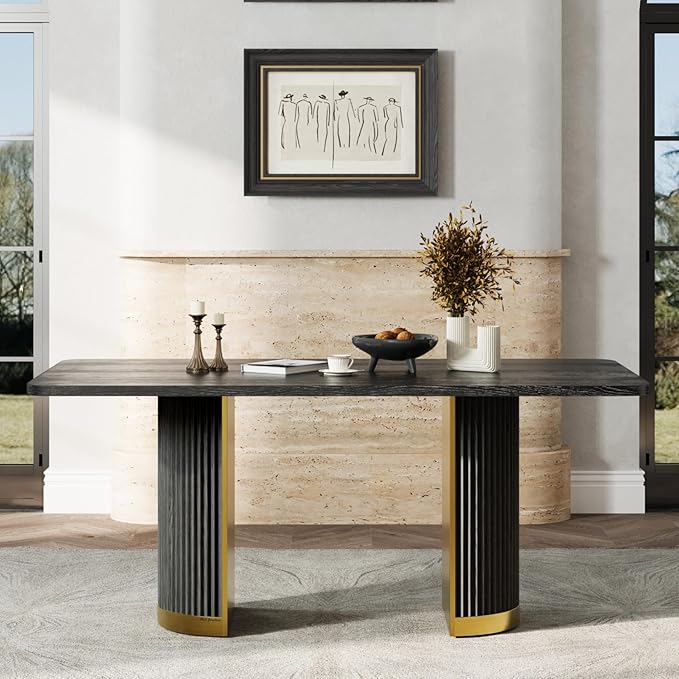 AUZ 70" Farmhouse Dining Table for 4-6, Black Oak Wood Rustic Kitchen Table with Fluted Base and Brushed Gold Accents, Large Rectangular Vintage Style Table (Black & Gold)