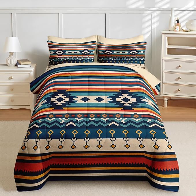 Nesker Comforter Set Full Size, Southwest Aztec Geometric 7 Pcs Bedding for Kids and Adults, Bohemian Vintage Bed Sheet Sets with Fitted Sheet 2 Pillowcases & 2 Shams
