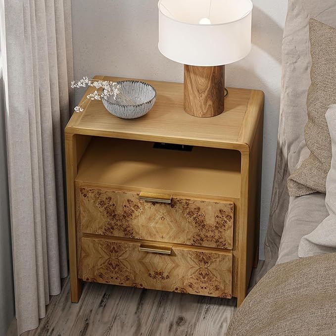 COZAYH Farmhouse Nightstand with Charging Station, Side Table with Power Outlet and USB & Type C Ports, Wood Bedside Table for Bedroom, Fully Assembled, Rustic, Natural, Burl