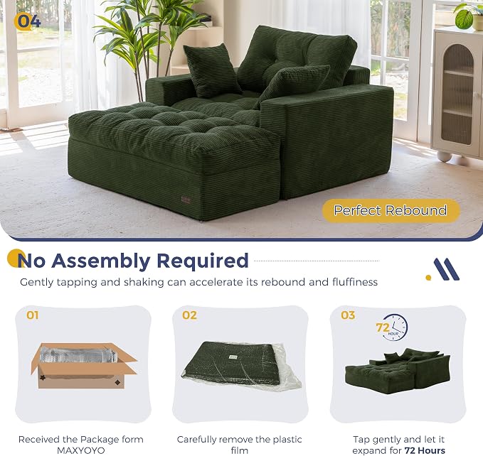 MAXYOYO Oversized Chaise Lounge Sofa, Upholstered Lounge Chair with 3 Pillows, Tufted Boneless Sofa Couch with Ottoman, Deep Seat Chair for Living Room, Bedroom, No Assembly, Dark Green