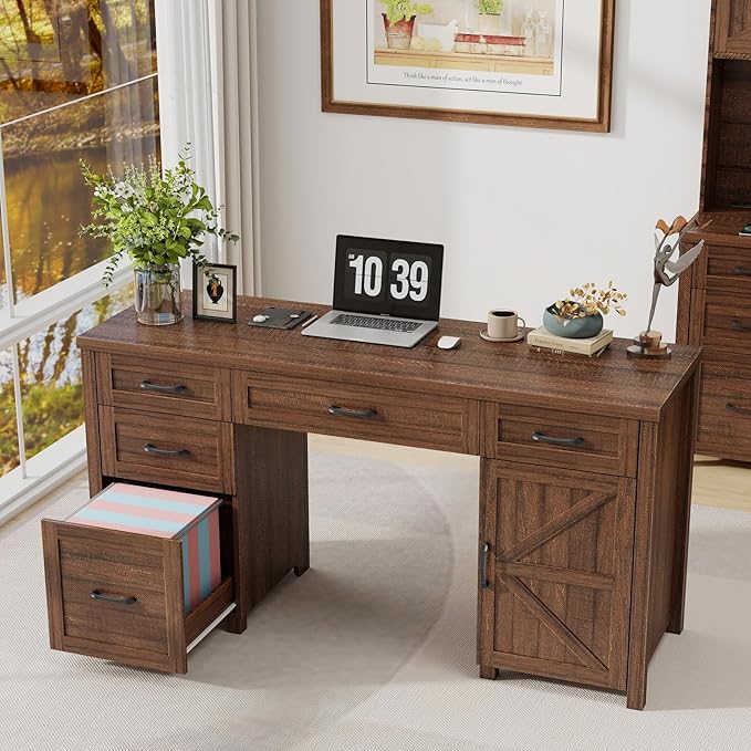 Vabches Farmhouse 61'' Executive Desk with 5 Drawers, Rustic Office Desk Computer Desk, File Drawers and Storage Cabinet, Wood Workstation for Study and Home Office. (Red-Brown)