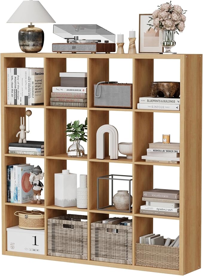 16-Cube Storage Organizer Bookcase, Thick Frame Wood Grain Storage Shelf, Rectangular Cube Open Back Display Unit, 48.8x9.4x48.8 Inches for Living Room, Bedroom, Home Office, Natural Wood