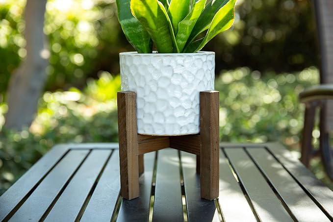 Flora Bunda 7.75" Tall 5.5 Inch Opening Beehive Ceramic Planter Pot on Wood Stand Mid Century, Ivory Cream Color Perfect for houseplants, Succulents, Cactus for Home Office Decorations
