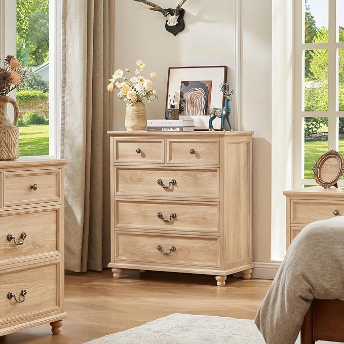 Farmhouse 5 Drawer Dresser for Bedroom, 35" Tall Rustic Chests of Drawers w/ 4 Solid Wood Feet, Mid Century Modern Wooden Closet Storage Dressers Organizer for Living Room, Hallway,Natural