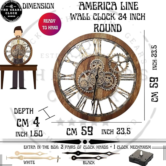 ImprovingLife The Gears Clock The Original Real Moving Gear Wall Clock Vintage Industrial Oversized Rustic Farmhouse (24 inch (60cm),White Farmhouse)