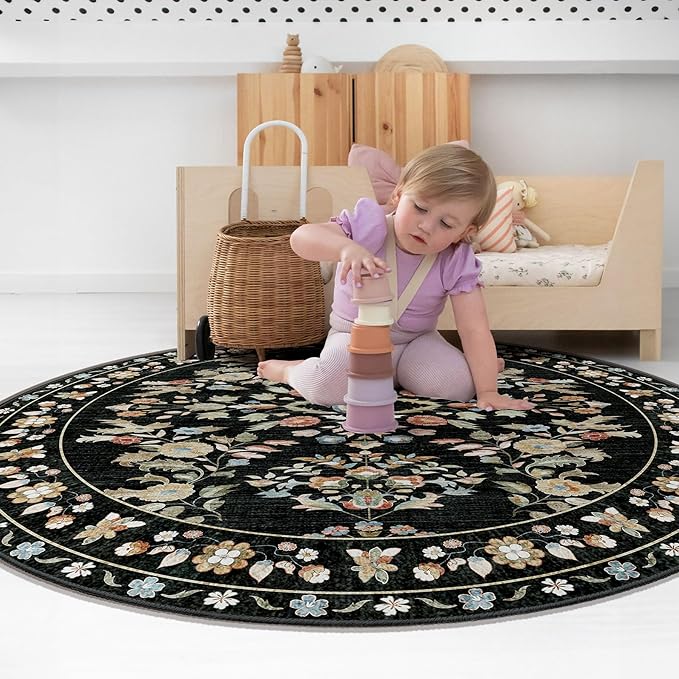 MUJOO Round Rug 5ft,Black Circle Area Rug Washable,Circular Rugs for Bedroom Living Room,Boho Non Slip Throw Carpet Vintage Floral